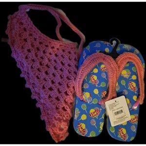 Crocheted By Hand PINK Bandana & matching Fluffy Stuff Flip Flops NEW Handmade